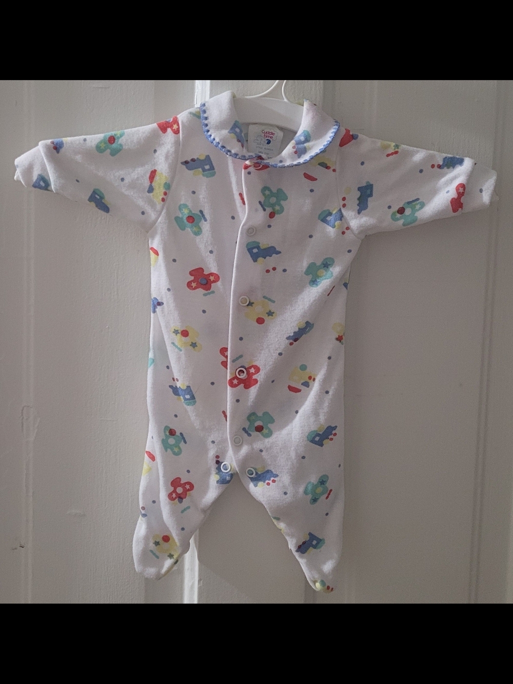 Vintage Cuddle Time Newborn Footed Sleeper Airplanes Trains Made in USA Snap PJ